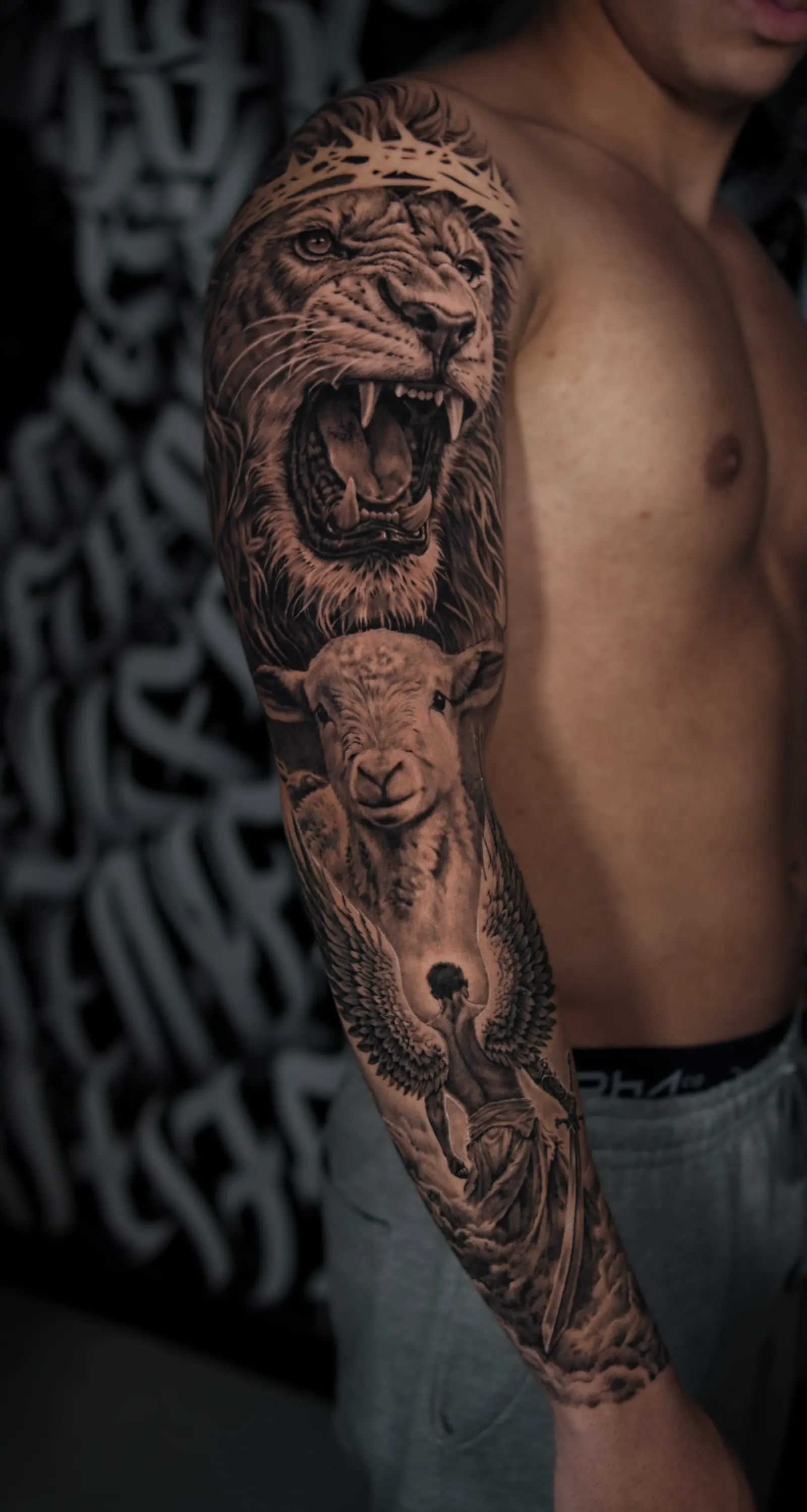 Sleeve realista de leão coroado e cordeiro